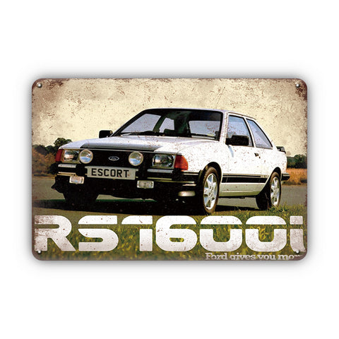 ブリキ看板 Ford ESCORT RS1600i フォード エスコート ホットハッチ イギリス車 クラシックカー 旧車 ヴィンテージ広告 ガレージ インテリア 壁飾り おしゃれ