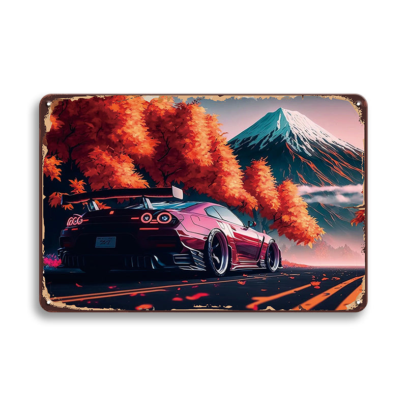ブリキ看板 車 富士山 秋 紅葉 スポーツカー レトロ おしゃれ インテリア 壁飾り ビンテージ デコレーション