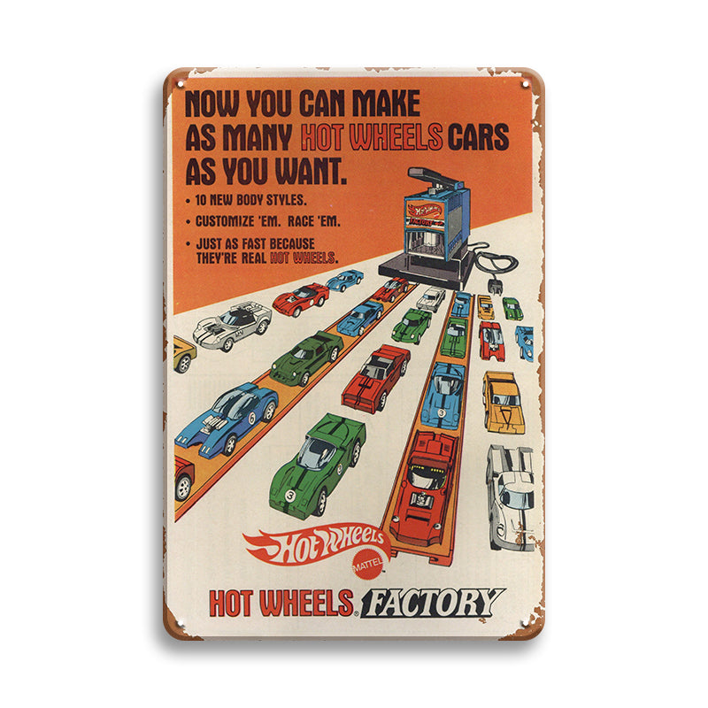 ブリキ看板 HOT WHEELS FACTORY ホットウィール マテル ミニカー トイカー ヴィンテージ広告 レトロ アメリカン雑貨 コレクション インテリア 壁飾り おしゃれ