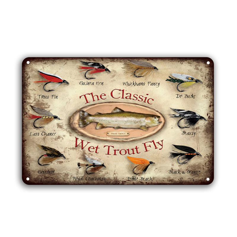 ブリキ看板 The Classic Wet Trout Fly フライフィッシング 釣り マス 壁飾り