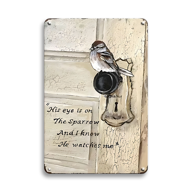 ブリキ看板 His eye is on the Sparrow 聖書 スズメ 鳥 詩篇 メッセージ 壁飾り