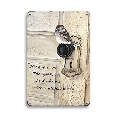 ブリキ看板 His eye is on the Sparrow 聖書 スズメ 鳥 詩篇 メッセージ 壁飾り