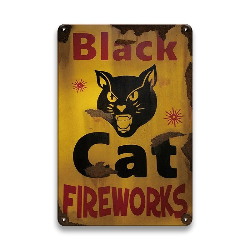 黒猫 ブリキ看板 レトロ BLACK CAT FIREWORKS 猫 インテリア 壁飾り