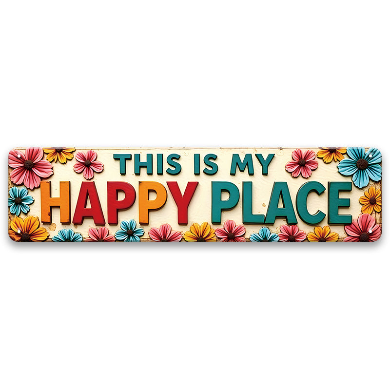 ブリキ看板 THIS IS MY HAPPY PLACE 花 フラワー カラフル ポップ ハッピー 英字 メッセージ 縦長 サイン ガーリー 明るい 玄関 リビング カフェ インテリア 壁飾り おしゃれ