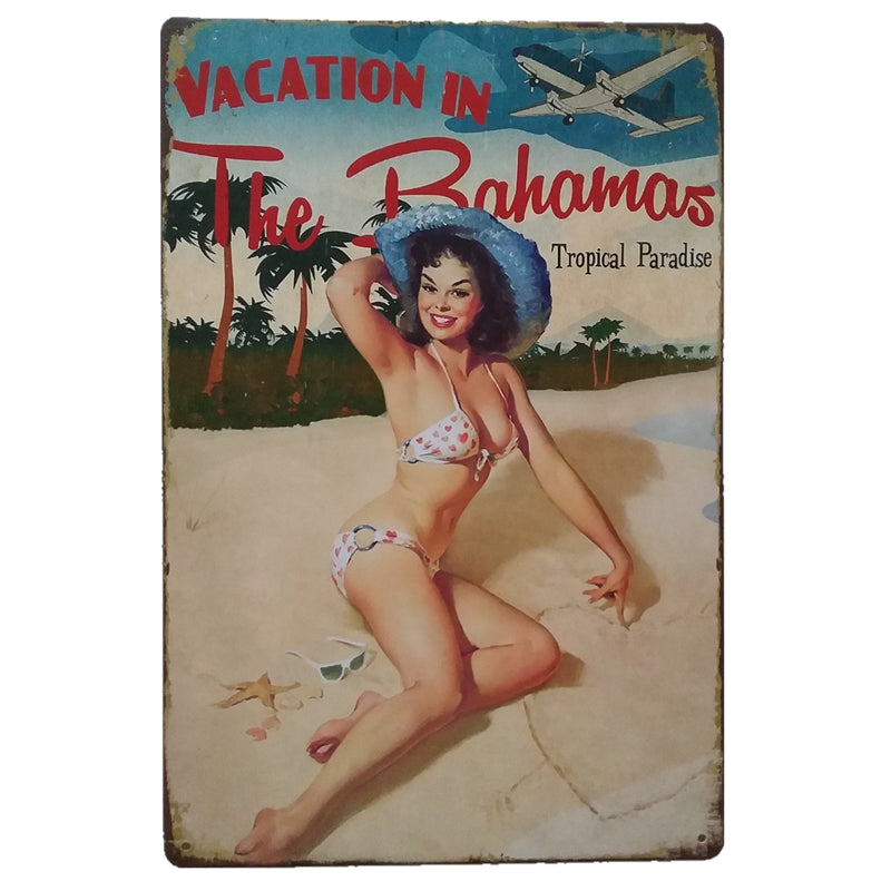 ブリキ看板 Vacation in The Bahamas バハマ ピンナップ ビーチ 旅行 トロピカル 壁飾り