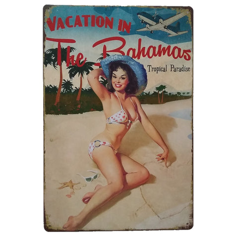 ブリキ看板 Vacation in The Bahamas バハマ ピンナップ ビーチ 旅行 トロピカル 壁飾り