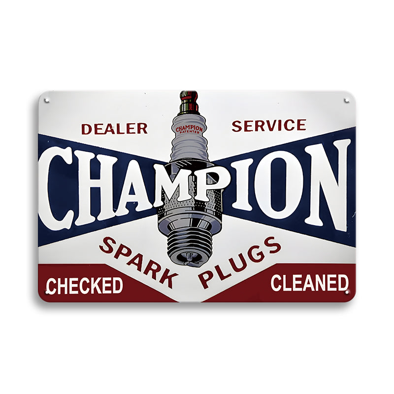 ブリキ看板 CHAMPION SPARK PLUGS チャンピオン スパークプラグ ディーラーサービス ガレージ 自動車整備 ヴィンテージ広告 レトロ アメリカン雑貨 インテリア 壁飾り おしゃれ