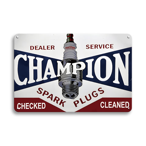 ブリキ看板 CHAMPION SPARK PLUGS チャンピオン スパークプラグ ディーラーサービス ガレージ 自動車整備 ヴィンテージ広告 レトロ アメリカン雑貨 インテリア 壁飾り おしゃれ