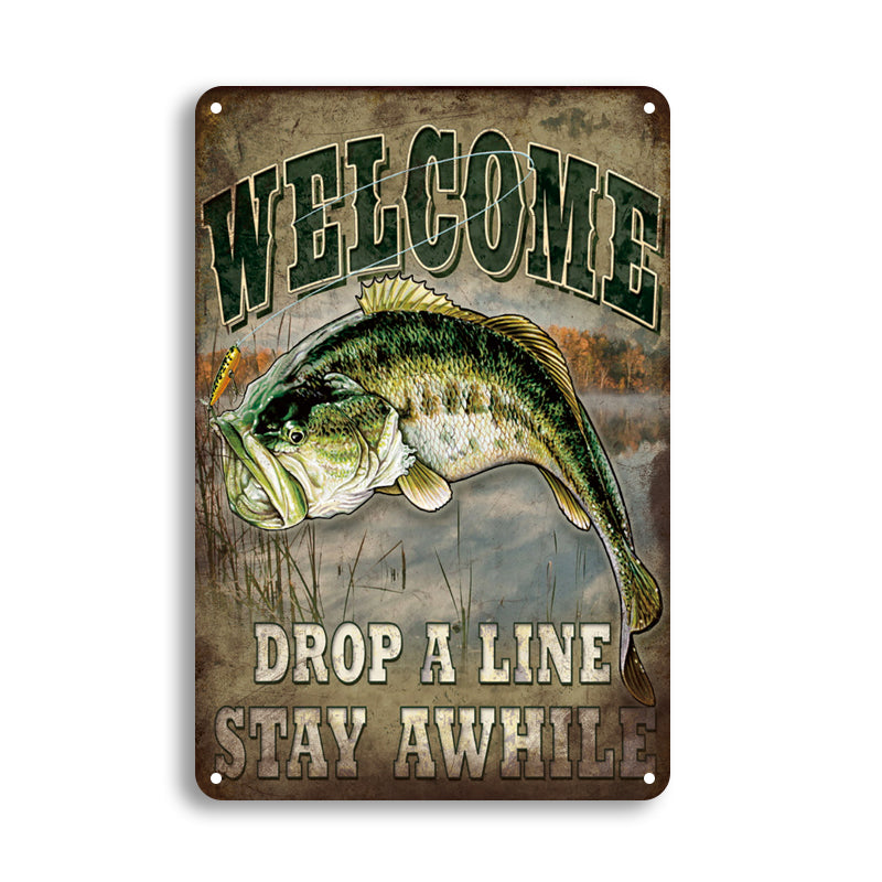 ブリキ看板 WELCOME DROP A LINE STAY AWHILE 釣り バス フィッシング 壁飾り
