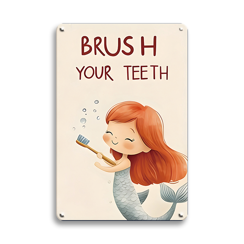 ブリキ看板 BRUSH YOUR TEETH 人魚 マーメイド 歯磨き かわいい 子供部屋 洗面所 トイレ サイン イラスト 英字 ヴィンテージ インテリア 壁飾り おしゃれ