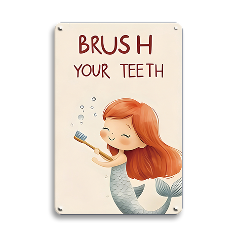 ブリキ看板 BRUSH YOUR TEETH 人魚 マーメイド 歯磨き かわいい 子供部屋 洗面所 トイレ サイン イラスト 英字 ヴィンテージ インテリア 壁飾り おしゃれ