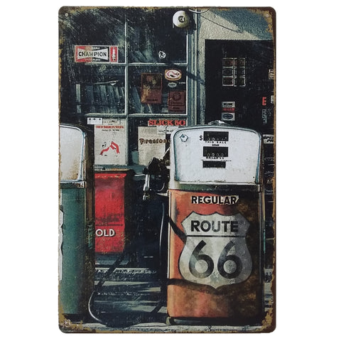 ブリキ看板 REGULAR ROUTE 66 ガソリンスタンド レトロ ヴィンテージ ガス アメリカン 壁飾り