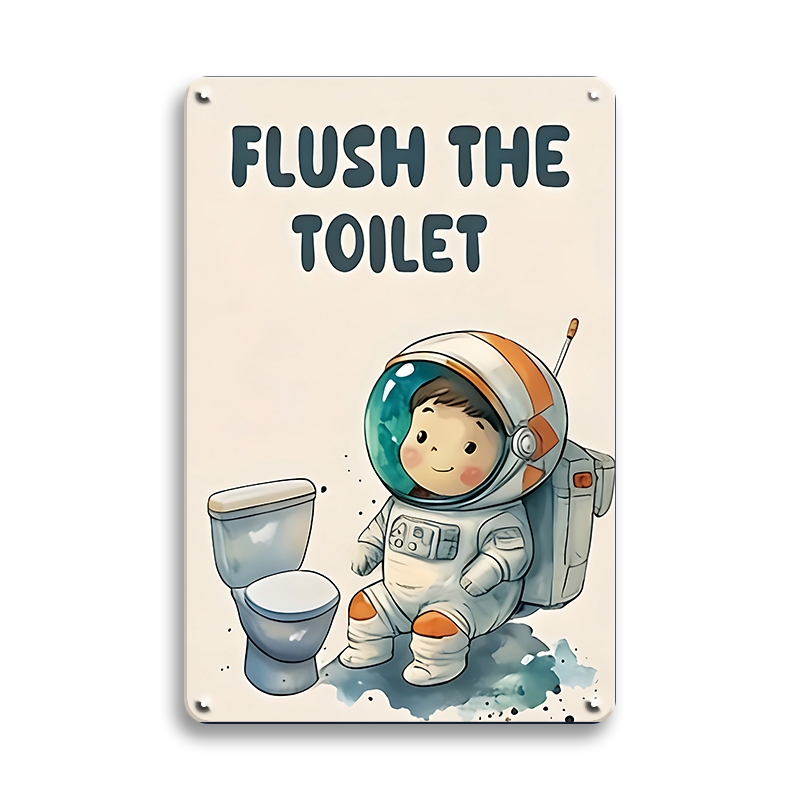 ブリキ看板 FLUSH THE TOILET 宇宙飛行士 アストロノーツ かわいい 子供部屋 トイレ 洗面所 サイン イラスト 英字 ヴィンテージ インテリア 壁飾り おしゃれ