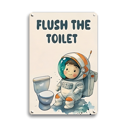 ブリキ看板 FLUSH THE TOILET 宇宙飛行士 アストロノーツ かわいい 子供部屋 トイレ 洗面所 サイン イラスト 英字 ヴィンテージ インテリア 壁飾り おしゃれ