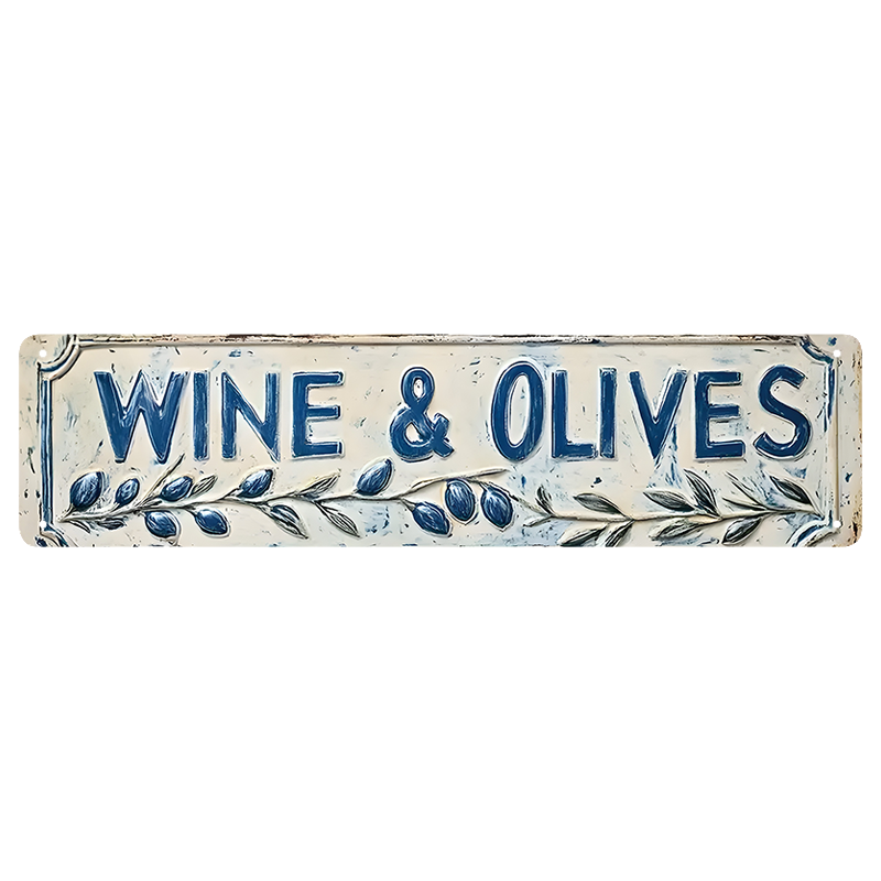 ブリキ看板 WINE & OLIVES ワイン オリーブ 地中海 ギリシャ 陶器風 プロヴァンス 縦長 サイン カフェ バー キッチン ヴィンテージ インテリア 壁飾り おしゃれ