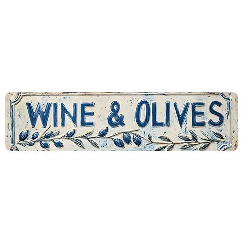 ブリキ看板 WINE & OLIVES ワイン オリーブ 地中海 ギリシャ 陶器風 プロヴァンス 縦長 サイン カフェ バー キッチン ヴィンテージ インテリア 壁飾り おしゃれ