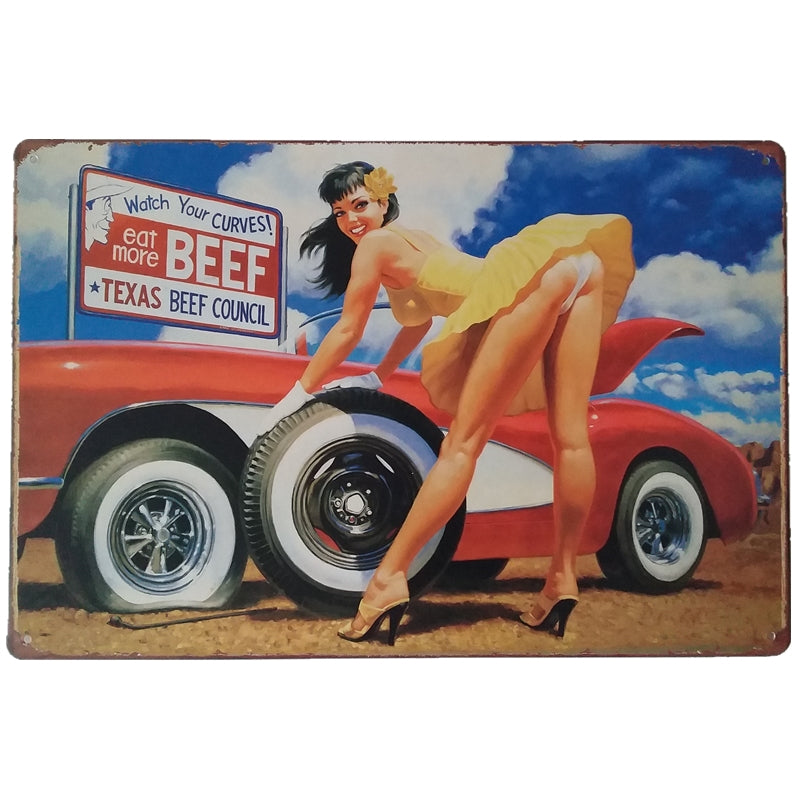 ブリキ看板 Watch Your Curves Eat More BEEF Texas ピンナップ ガレージ 壁飾り