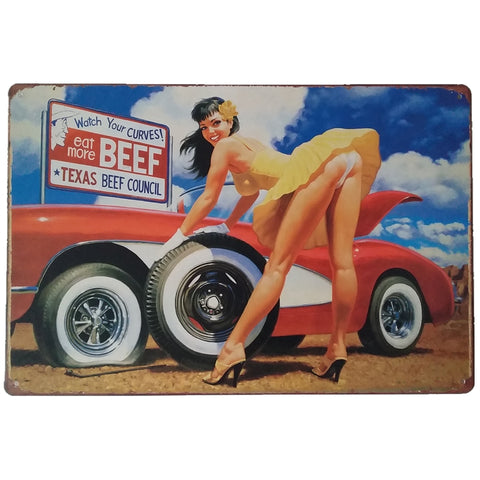 ブリキ看板 Watch Your Curves Eat More BEEF Texas ピンナップ ガレージ 壁飾り
