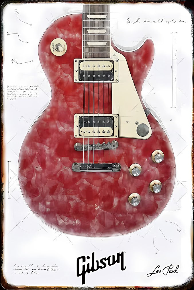 ブリキ看板 ギター Gibson Les Paul レスポール 赤 ヴィンテージ ディスプレイ インテリア コレクション 壁飾り