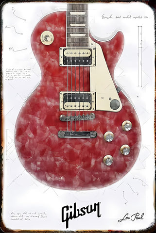 ブリキ看板 ギター Gibson Les Paul レスポール 赤 ヴィンテージ ディスプレイ インテリア コレクション 壁飾り