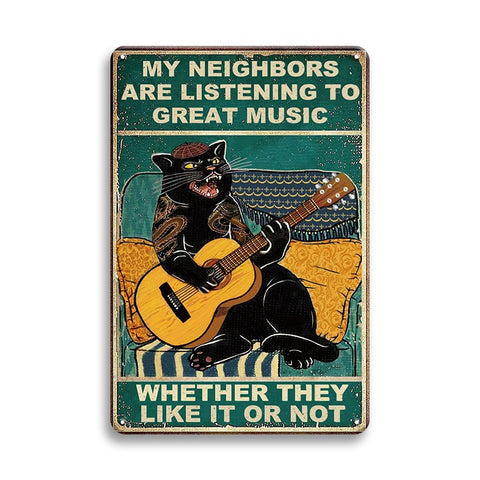 黒猫 ギター 音楽 ユーモア ブリキ看板 インテリア 壁飾り