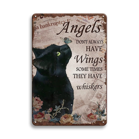 黒猫 天使 羽 ヒゲ 花 蝶々 ブリキ看板 インテリア 壁飾り