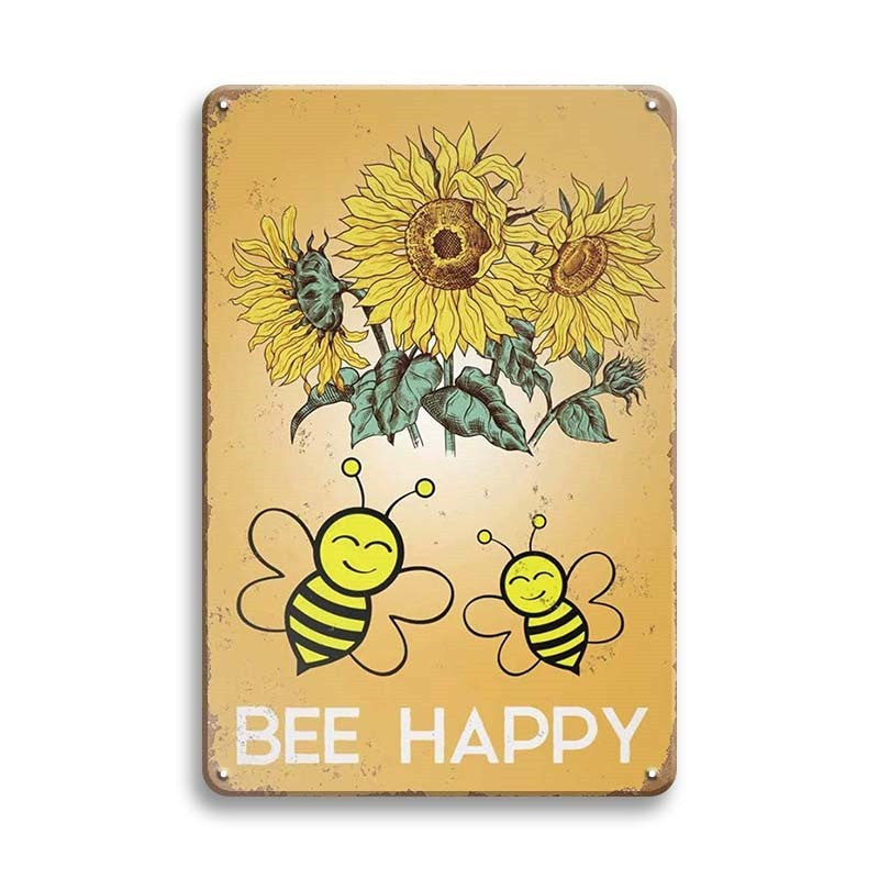 ひまわり 蜂 BEE HAPPY ブリキ看板