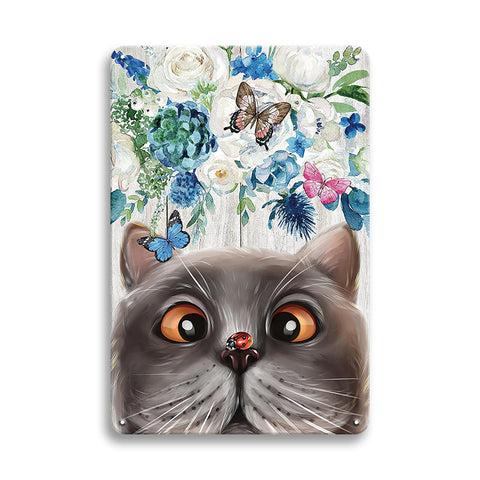 猫 蝶々 花 ブリキ看板 インテリア 雑貨