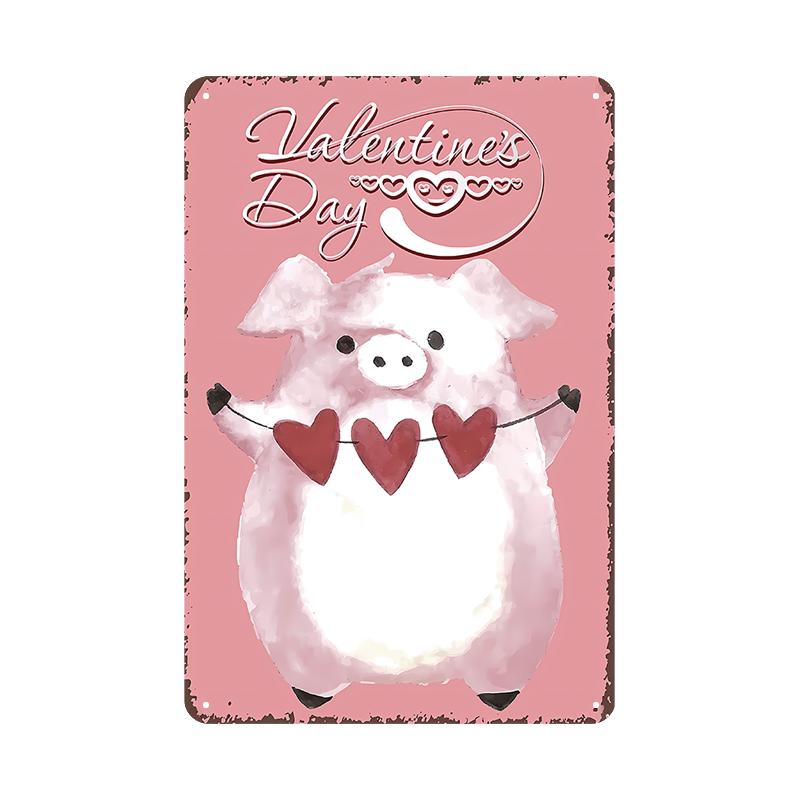 バレンタインデー ブタ キャラクター ブリキ看板 ハート インテリア 壁飾り コレクション