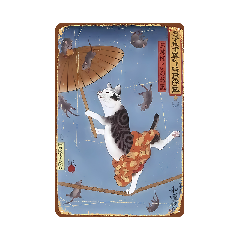 和風 猫 曲芸 傘 イラスト ブリキ看板 レトロ ビンテージ インテリア 壁飾り コレクション