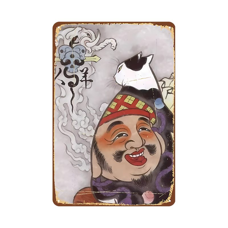 七福神 恵比寿 猫 和風 イラスト ブリキ看板 レトロ インテリア 壁飾り コレクション