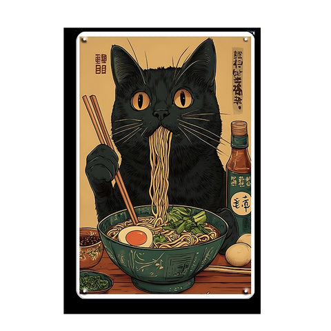 ブリキ看板 猫 ラーメン 黒猫 レトロ インテリア ポスター 雑貨 壁飾り ビンテージ ディスプレイ おしゃれ