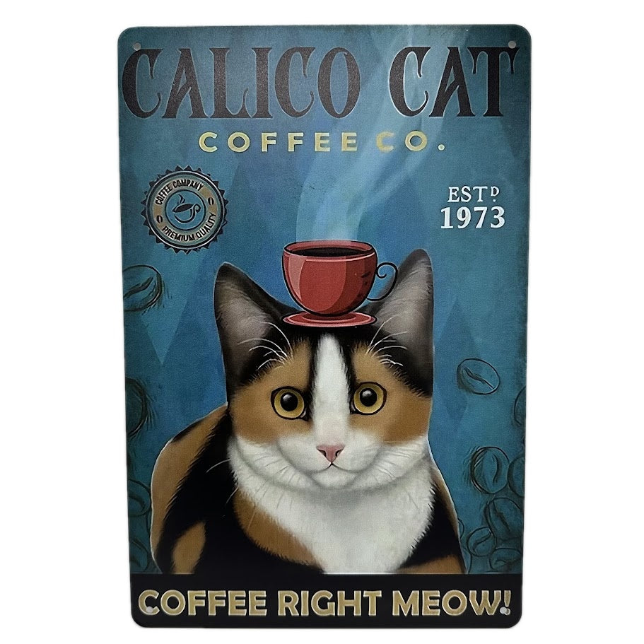 ブリキ看板 三毛猫 コーヒーカップ レトロ インテリア おしゃれ
