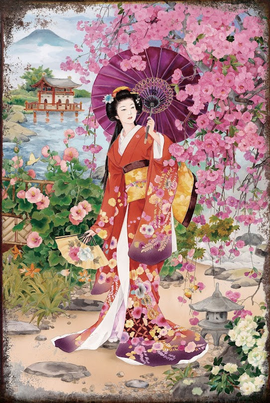 着物美人 看板 ブリキ 和風 レトロ ポスター 日本庭園 雑貨