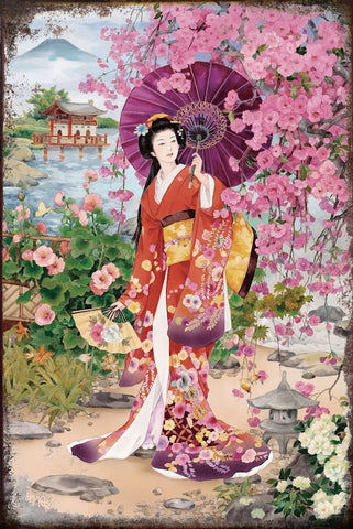 着物美人 看板 ブリキ 和風 レトロ ポスター 日本庭園 雑貨