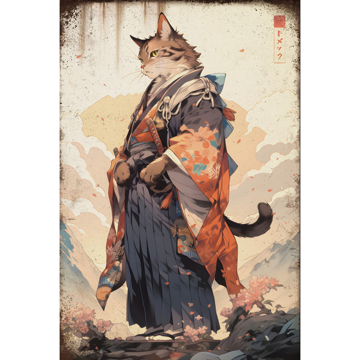 ブリキ看板 猫 武士 和風 レトロ アート インテリア 壁飾り