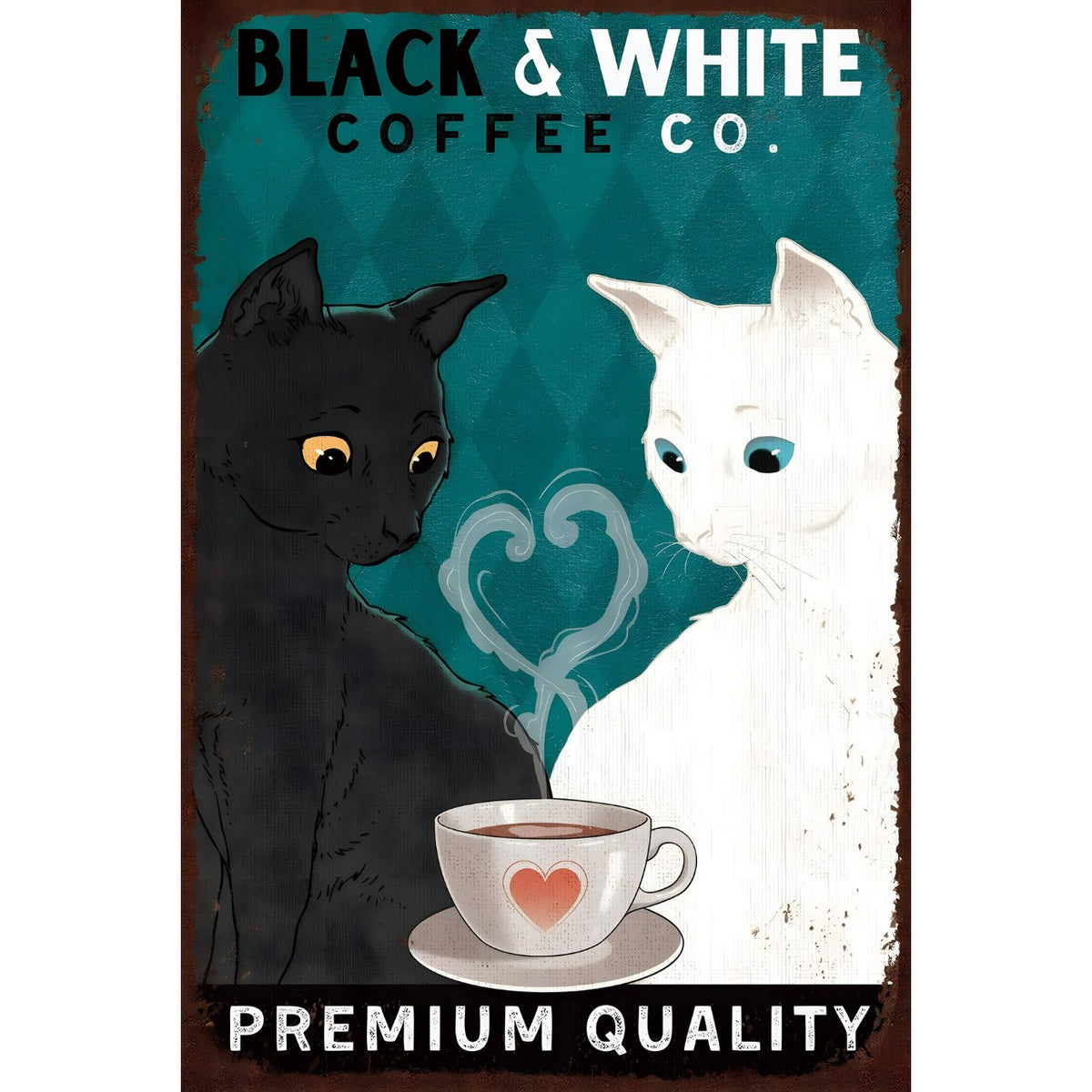 ブラック＆ホワイト コーヒー 猫 ブリキ看板 カフェ インテリア レトロ 壁飾り ビンテージ 雑貨 デコレーション
