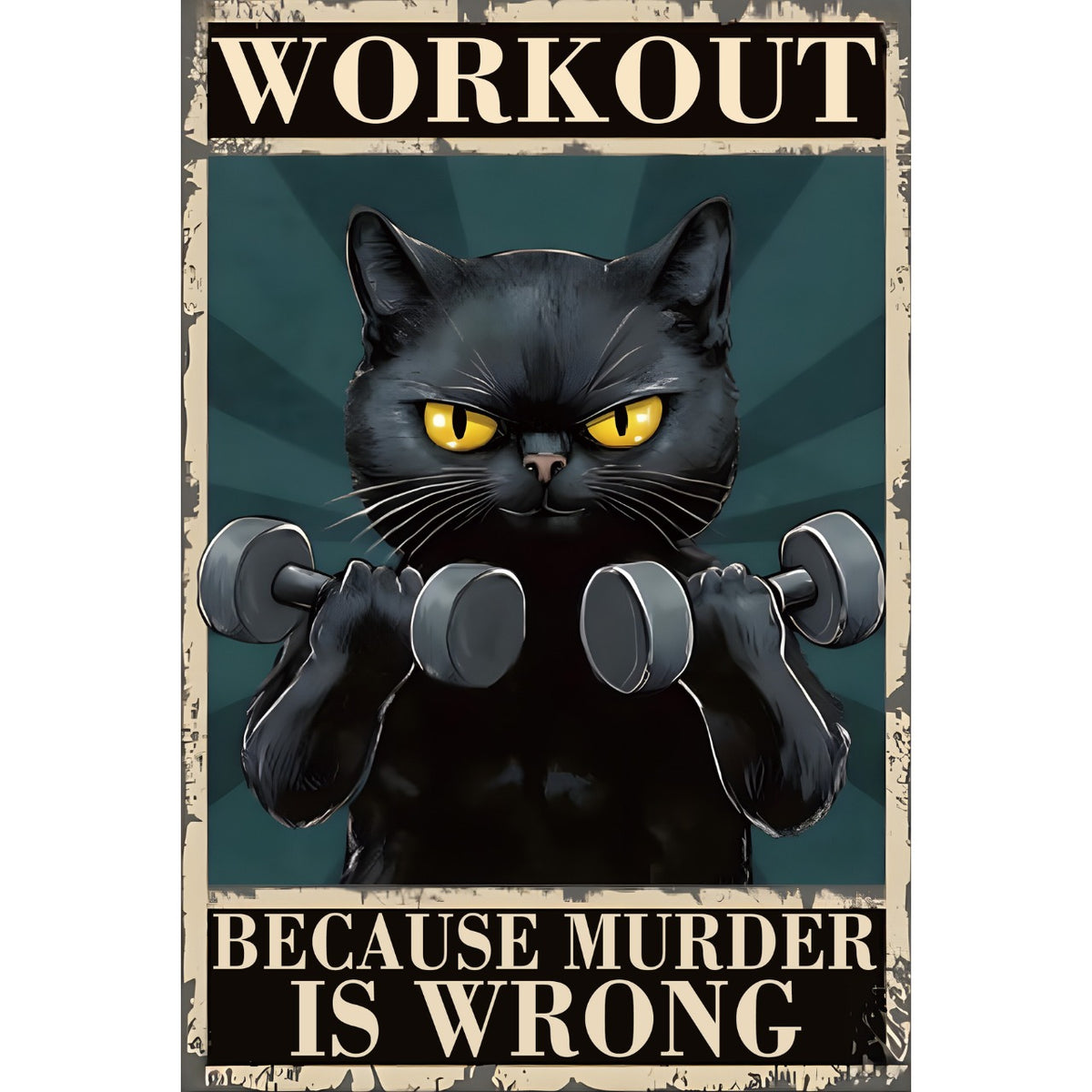ブリキ看板 レトロ 黒猫 ワークアウト 筋トレ ユーモア インテリア