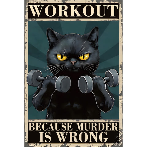 ブリキ看板 レトロ 黒猫 ワークアウト 筋トレ ユーモア インテリア