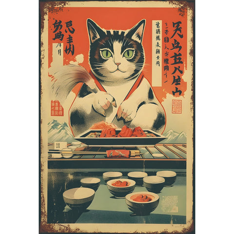 ブリキ看板 寿司職人 猫 和風 レトロ ポスター 飲食店 インテリア 雑貨