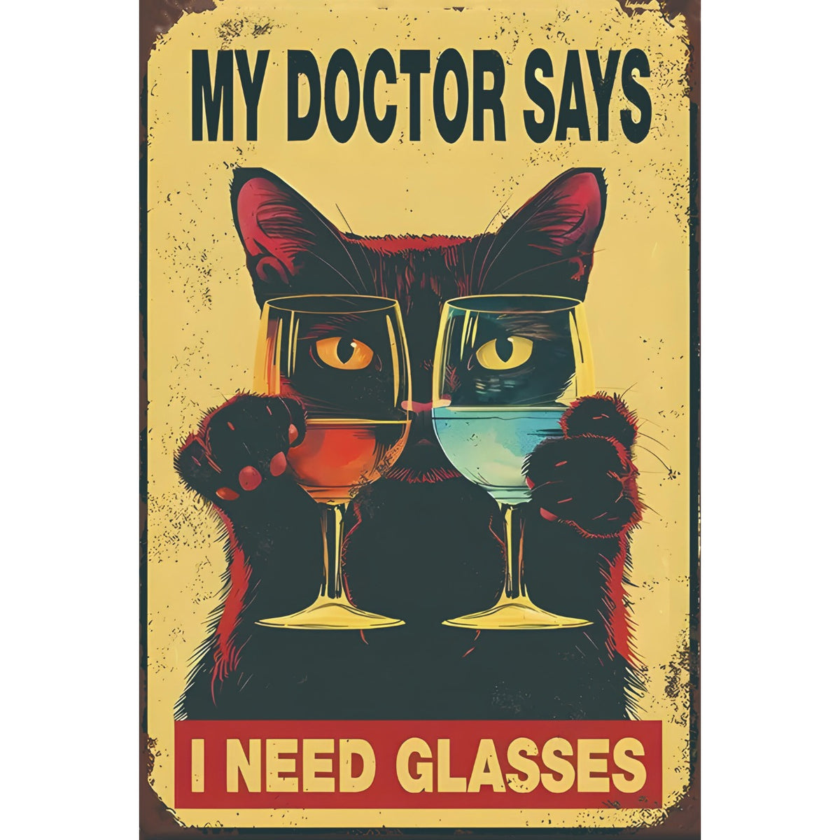 ブリキ看板 MY DOCTOR SAYS I NEED GLASSES 黒猫 ワイン ユーモア レトロ ポスター インテリア 雑貨