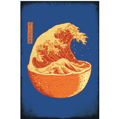 レトロアート風 ブリキ看板 オレンジ × 波デザイン 浮世絵モチーフ インテリア 雑貨