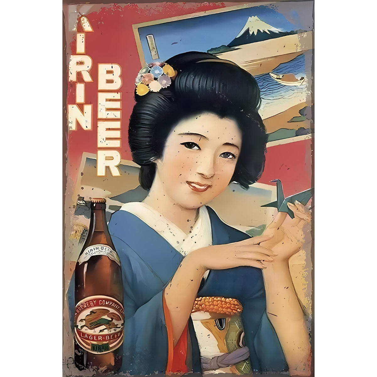 ブリキ看板 レトロ ビール 昭和 広告 日本 着物 美人 富士山 ヴィンテージ ノスタルジック 壁掛け インテリア