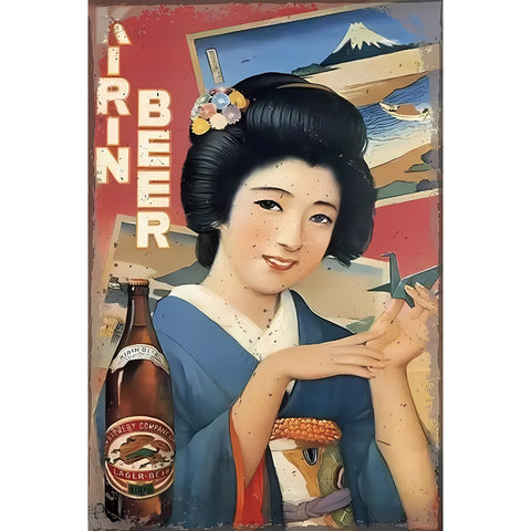 ブリキ看板 レトロ ビール 昭和 広告 日本 着物 美人 富士山 ヴィンテージ ノスタルジック 壁掛け インテリア