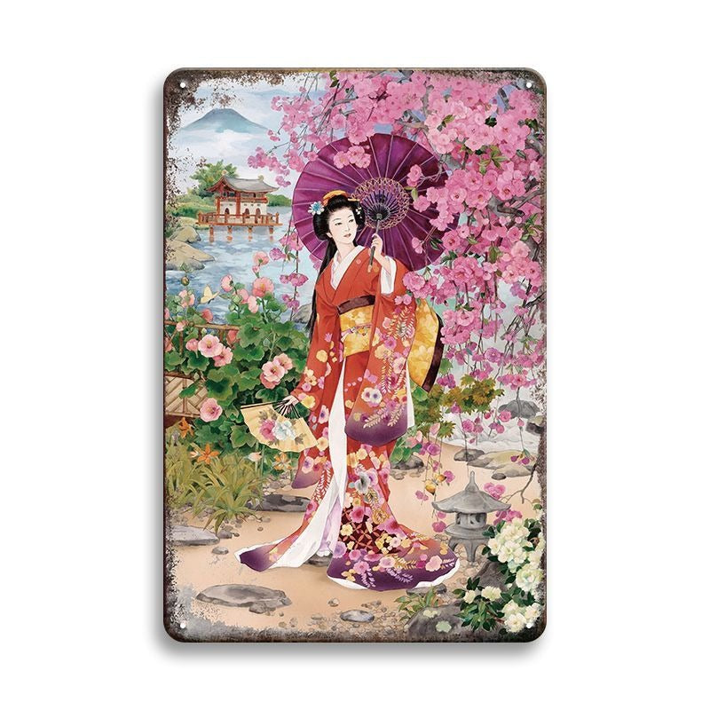 ブリキ看板 和風 美人画 着物 桜 和装 ポスター インテリア 縦型 レトロ