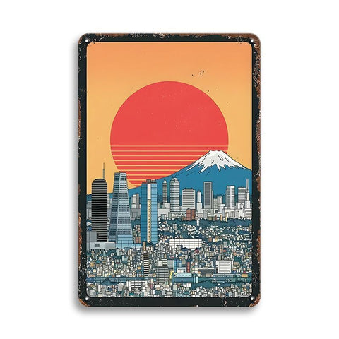 ブリキ看板 東京 富士山 サンセット シティ スカイライン レトロ インテリア 壁飾り
