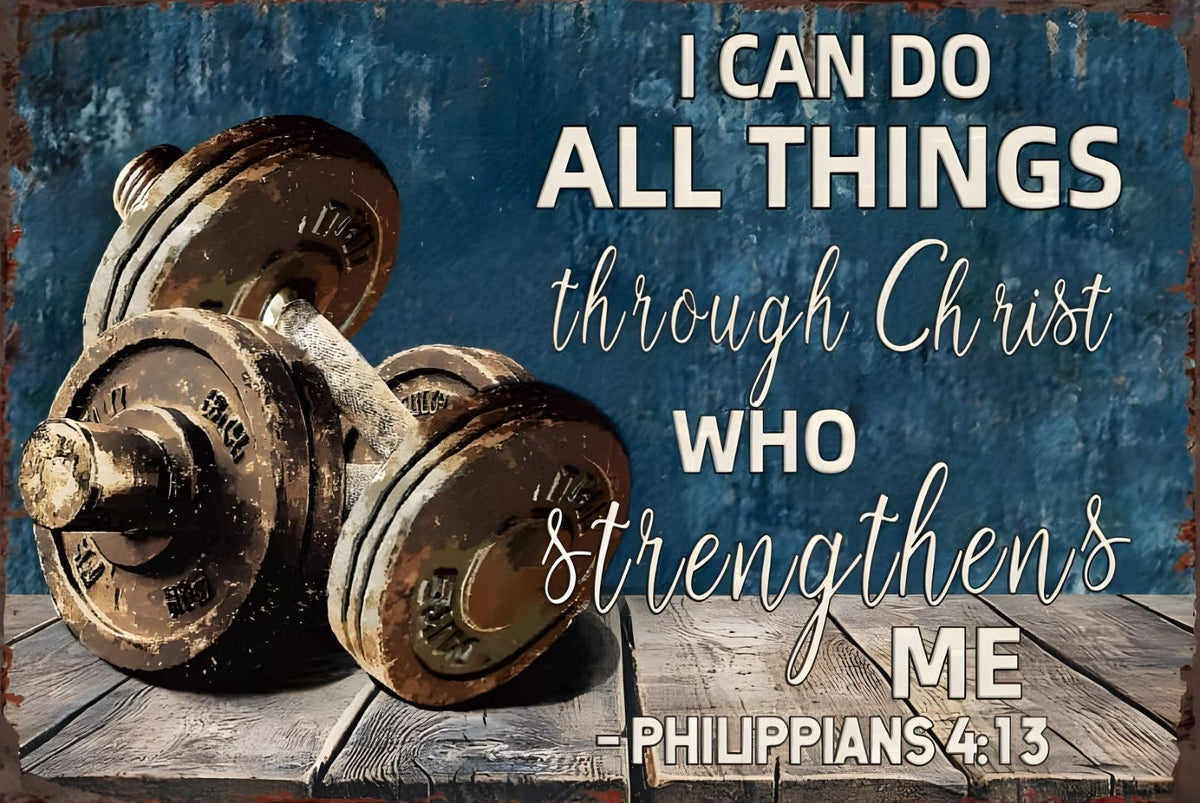 I CAN DO ALL THINGS THROUGH CHRIST 英語 名言 ダンベル ジム 筋トレ ブリキ看板 レトロ インテリア 壁飾り 雑貨