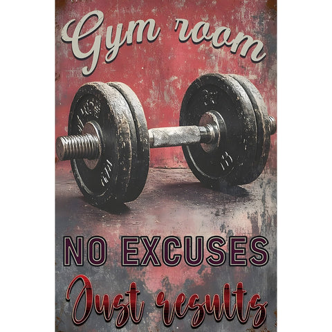 Gym Room NO EXCUSES Just Results ダンベル ブリキ看板 レトロ フィットネス ジム インテリア ビンテージ 壁飾り 雑貨