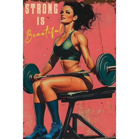 STRONG IS BEAUTIFUL フィットネス ウーマン ブリキ看板 レトロ ジム インテリア 壁飾り ビンテージ 雑貨 モチベーション