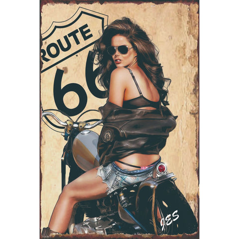 ブリキ看板 ROUTE 66 ルート66 ピンナップガール バイク レトロ ビンテージ ポスター ガレージ インテリア 雑貨